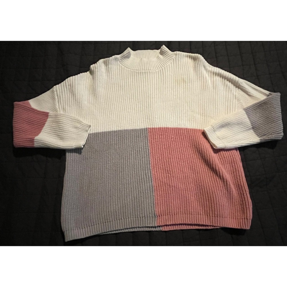 Andree by Unit Colorblock Ribbed Knit Mock Neck Sweater Pink Grey Cream Medium